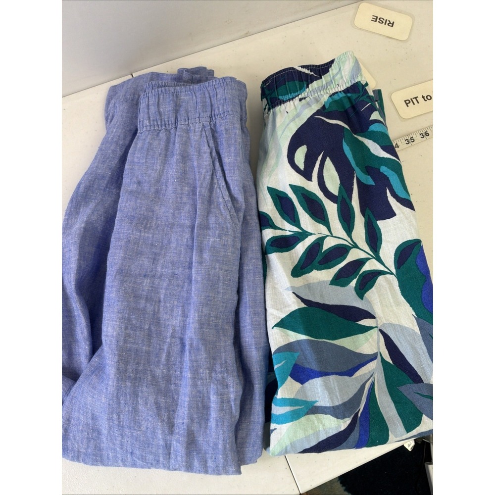 Lot 2 Tahari MD Linen Wide Leg Tropical Print / Blue Pants pull on beach casual